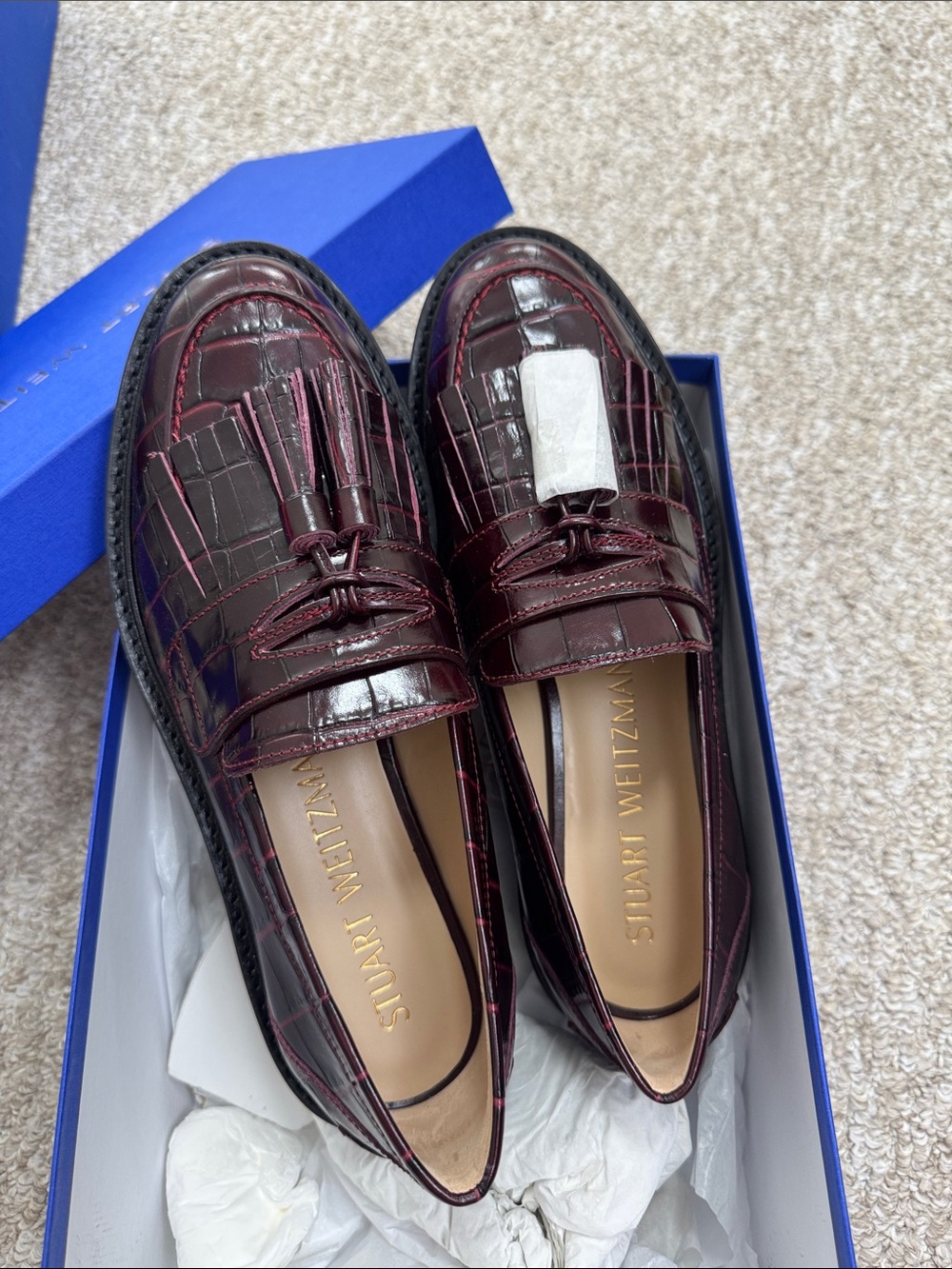 Stuart Weitzman Burgundy Croc-Embossed Tassel Loafers